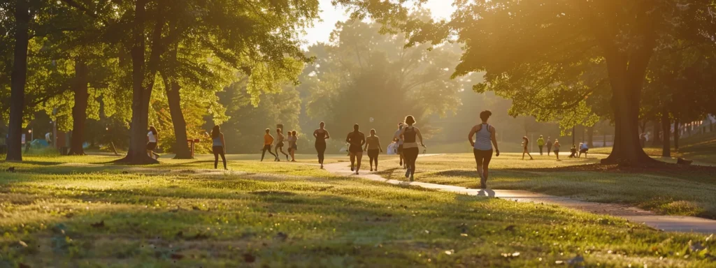 a diverse group of adults engaged in friendly and approachable fitness activities within a sunlit park in atlanta, exuding confidence and camaraderie as they explore their personal training options.
