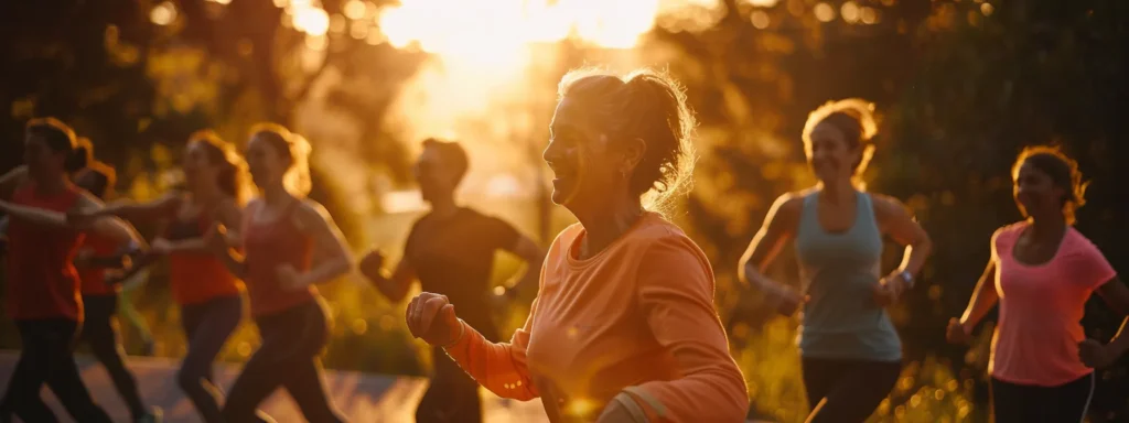 a vibrant group of adults engaging in energetic fitness activities outdoors under the warm glow of the sun, led by an enthusiastic personal trainer, showcases an encouraging and inclusive atmosphere.