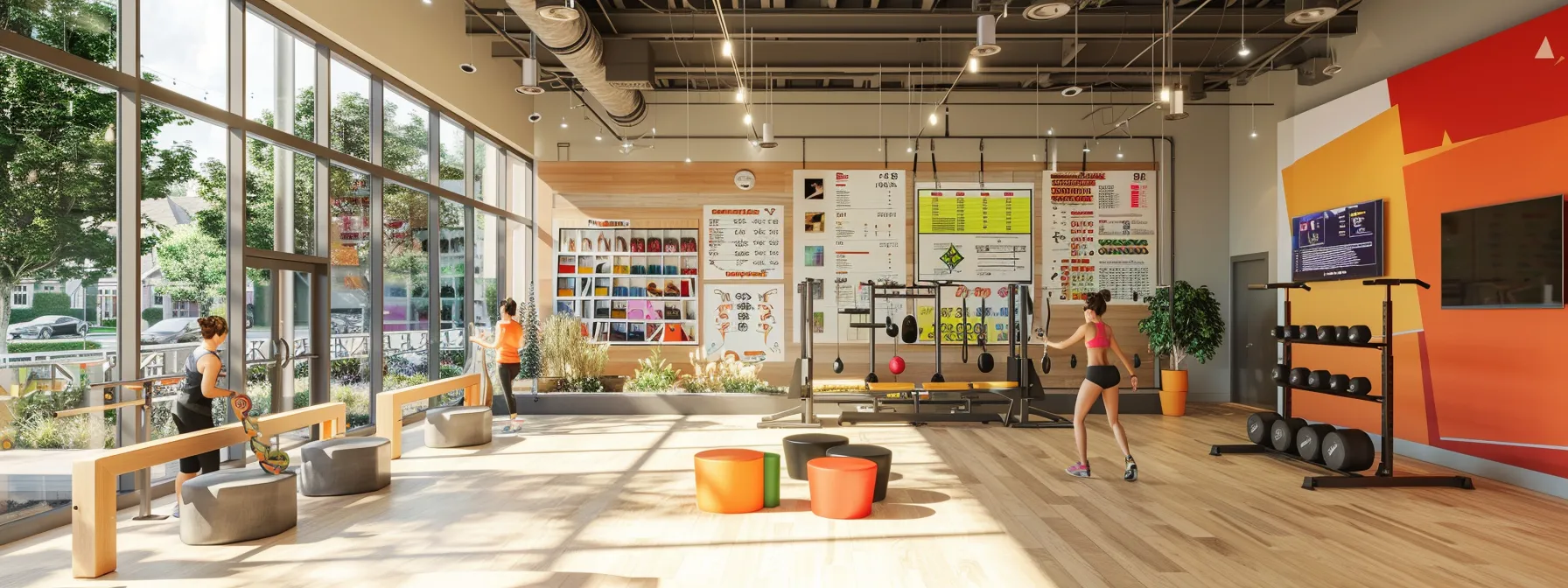 a bright and inviting fitness studio showcases adults engaged in non-intimidating workout activities, surrounded by charts and visuals highlighting tailored training plans that incorporate strength, cardio, flexibility, and nutrition, all designed to boost confidence and track progress.