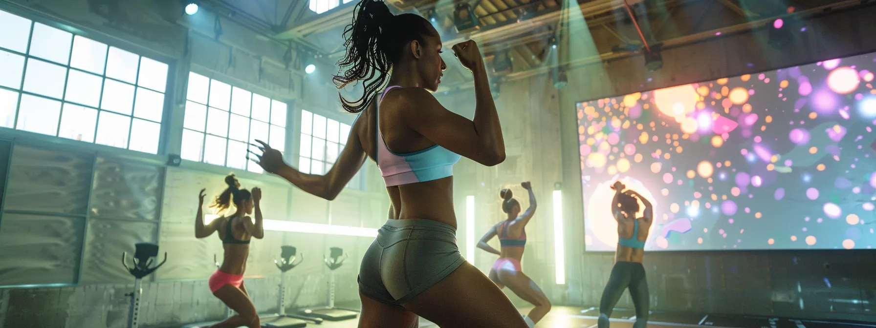 a bright and inviting indoor fitness space showcases adults engaged in approachable workout activities, surrounded by motivational visuals and technology, emphasizing a supportive environment for setting and achieving personal fitness goals.