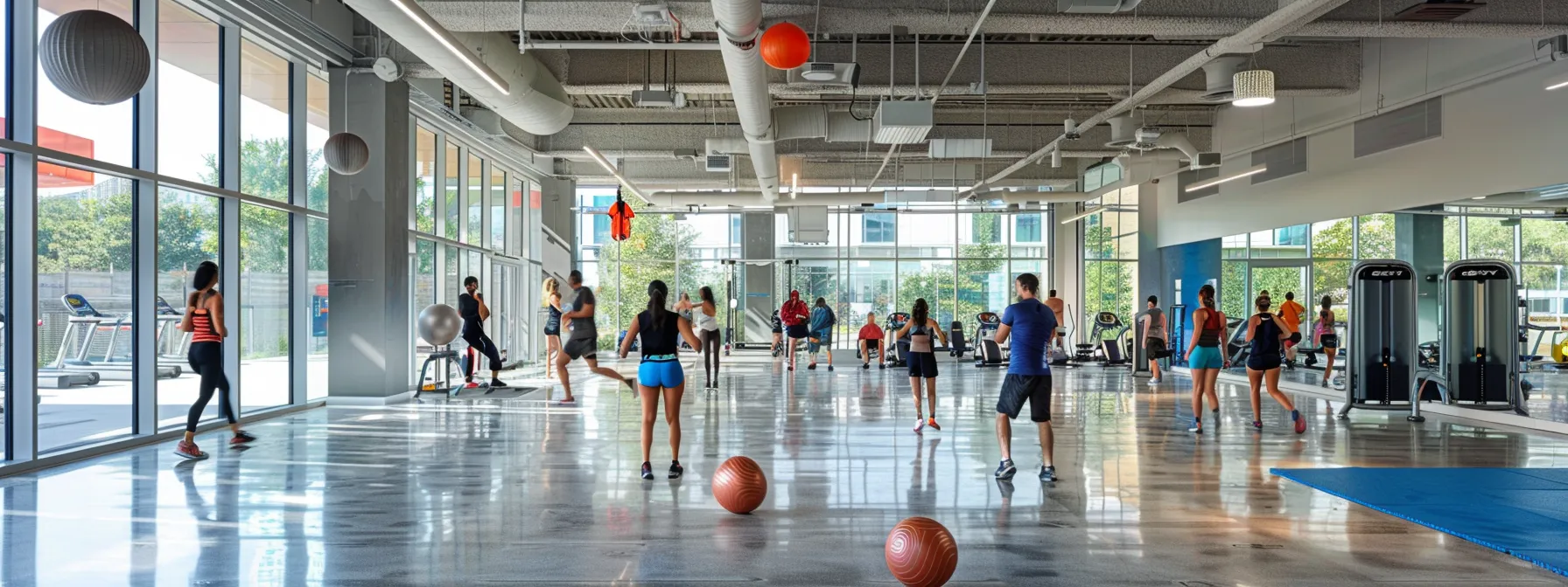 a bright, modern fitness studio in atlanta showcases a diverse group of adults engaged in tailored training sessions, featuring personalized exercise equipment and an encouraging personal trainer guiding them through various non-intimidating workouts.