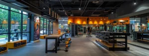 a modern fitness studio in atlanta showcases adults engaging in varied and approachable workout routines, surrounded by colorful exercise equipment and motivational wall art, emphasizing a welcoming atmosphere for personal training programs.