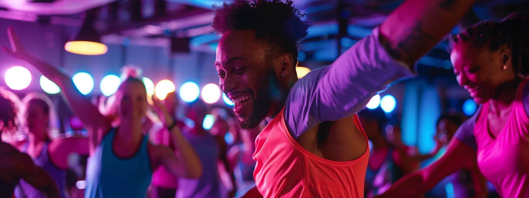 a vibrant urban fitness studio in atlanta showcases a diverse group of adults engaging in tailored training sessions, illuminated by bright overhead lights, while displaying enthusiastic expressions as they follow personalized workout plans designed for health transformation.
