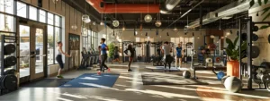 a welcoming fitness studio in atlanta showcases a diverse group of adults engaged in personalized, low-pressure training sessions, surrounded by modern equipment and motivational decor.