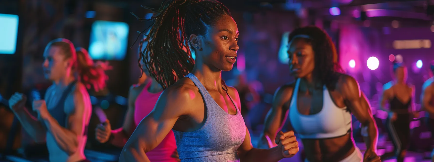 an inviting fitness studio in buckhead features a diverse group of adults engaged in personalized training sessions with certified coaches, surrounded by modern equipment and motivational visuals that emphasize a supportive and non-intimidating atmosphere.