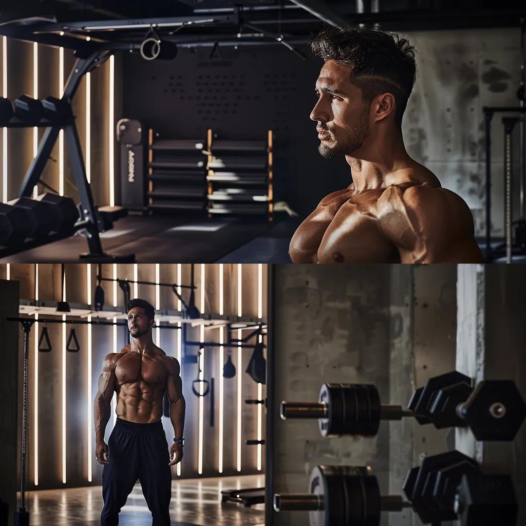 a dynamic indoor gym setting showcasing a confident individual with a toned physique celebrating their fitness transformation after three months of personal training, surrounded by modern workout equipment and motivational decor.