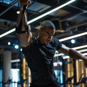 a focused personal trainer demonstrating an advanced workout move in a modern gym environment, with bright overhead lighting highlighting the intensity of effort and determination on the client's face.