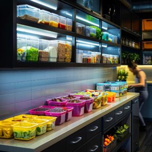 a vibrant office kitchen showcases neatly arranged, colorful meal prep containers filled with energy-boosting foods, illuminated by bright, modern fixtures while a fitness enthusiast assesses their nutritious choices for maximum workout impact.