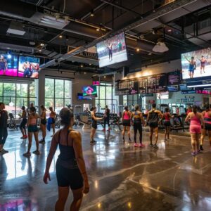a bustling urban gym in buckhead atlanta, filled with diverse fitness enthusiasts engaged in high-energy classes, surrounded by sleek modern equipment and vibrant motivational posters illuminating the dynamic atmosphere.