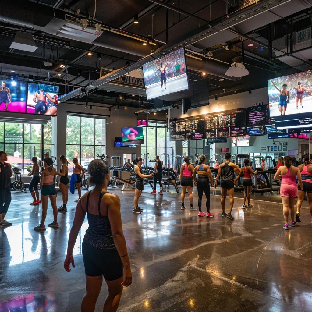 a bustling urban gym in buckhead atlanta, filled with diverse fitness enthusiasts engaged in high-energy classes, surrounded by sleek modern equipment and vibrant motivational posters illuminating the dynamic atmosphere.