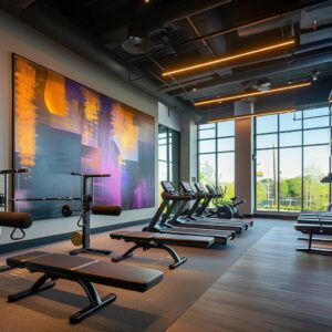 a sleek, modern gym interior in buckhead, featuring high-end equipment and vibrant, motivational wall art, conveys an atmosphere of fitness ambition and community.