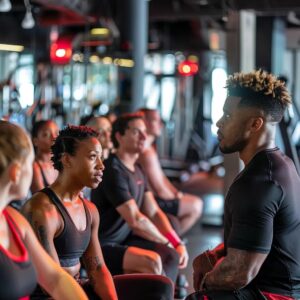a stylish, modern gym in atlanta features a diverse group of determined individuals engaging with a charismatic personal trainer, showcasing a dynamic and energetic atmosphere of fitness and motivation.