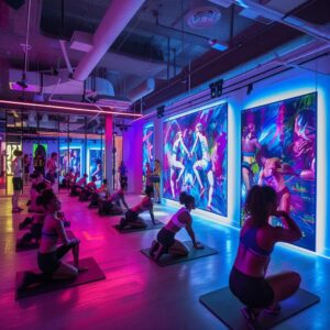 a vibrant fitness studio in buckhead, filled with diverse individuals engaged in dynamic workout classes, illuminated by modern fluorescent lighting and adorned with motivational wall art.
