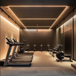 a sleek, modern gym interior features fitness equipment in pristine condition, illuminated by vibrant overhead lighting, inviting potential members to explore its energizing atmosphere during a guided walk-through.