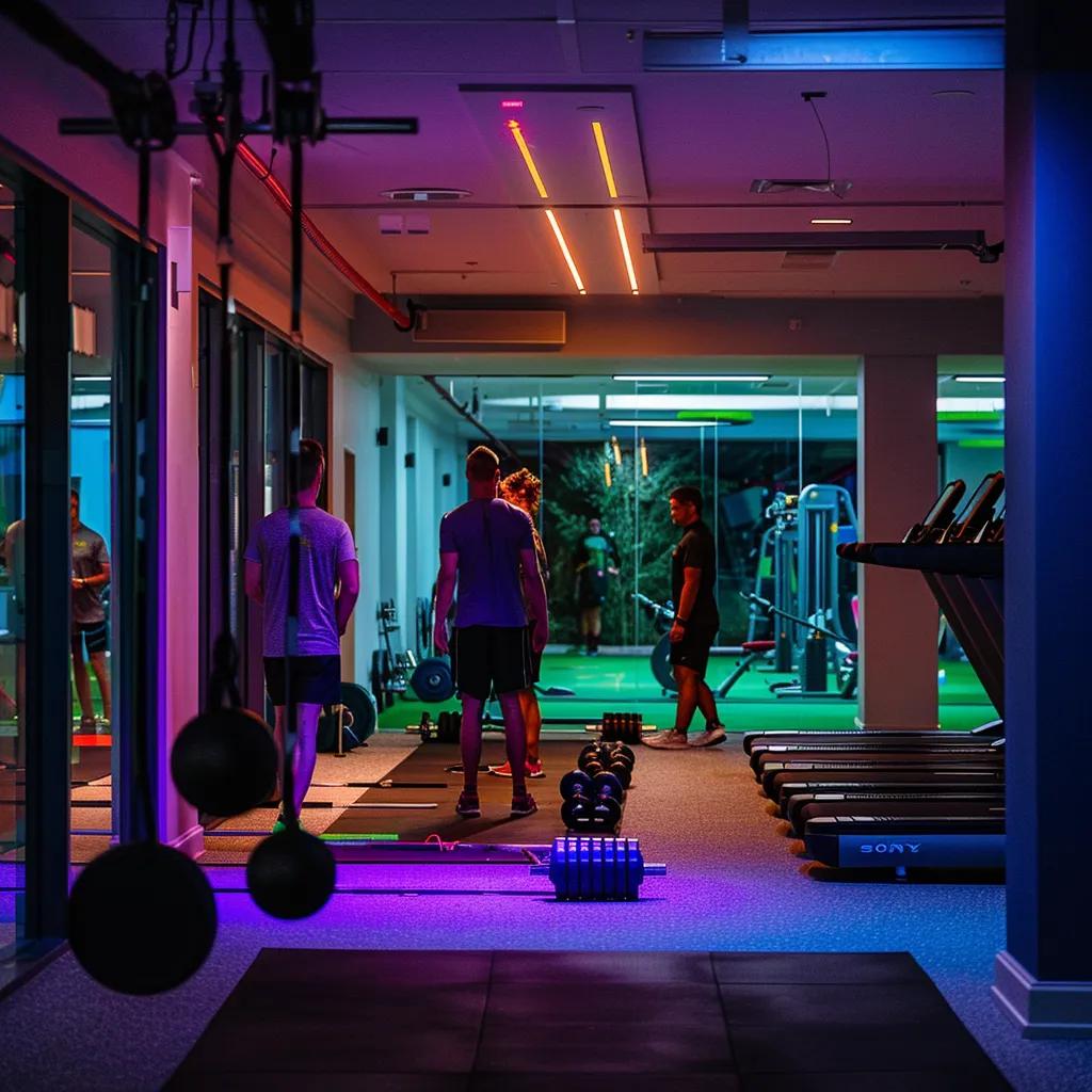 a dynamic semi-private training session unfolds in a modern, well-equipped riverton gym, showcasing focused individuals engaging with a personal trainer amid vibrant exercise equipment and motivational decor.
