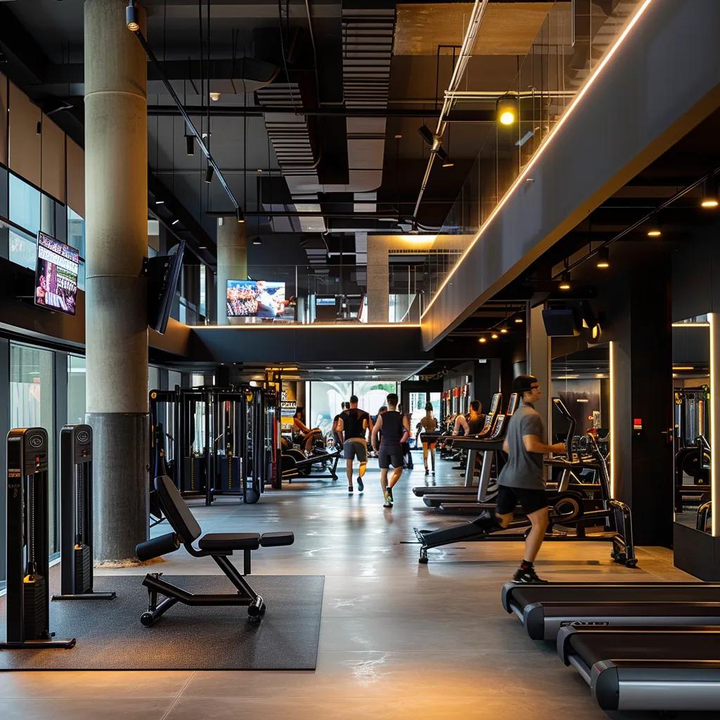 a sleek, modern gym interior bursts with energy as diverse individuals engage in dynamic workouts, showcasing cutting-edge fitness equipment and a vibrant atmosphere that reflects e5fit's commitment to excellence.