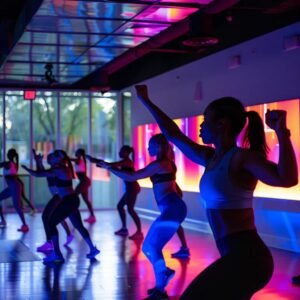 a dynamic fitness studio in buckhead, showcasing a split scene where an intense personal training session contrasts with an energetic group class, featuring diverse participants engaged in various exercises under vibrant, focused lighting.