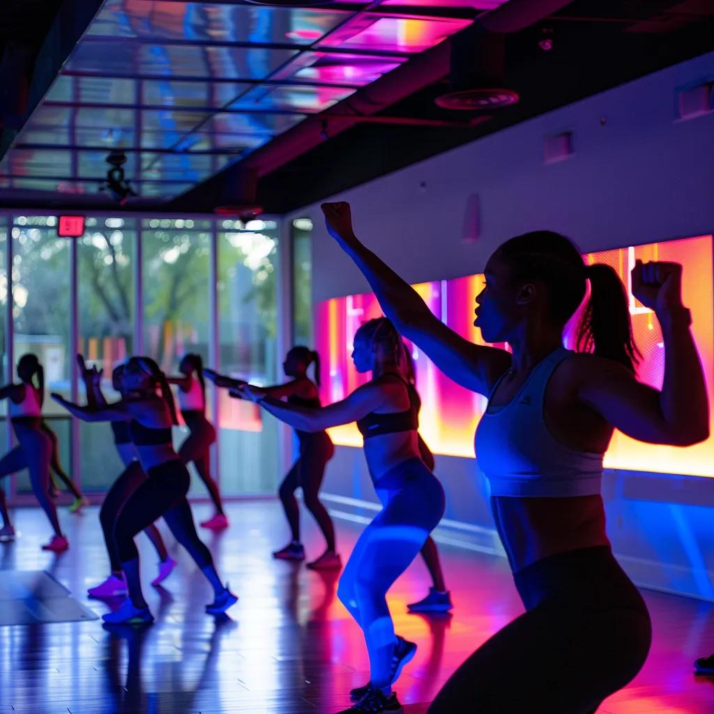 a dynamic fitness studio in buckhead, showcasing a split scene where an intense personal training session contrasts with an energetic group class, featuring diverse participants engaged in various exercises under vibrant, focused lighting.