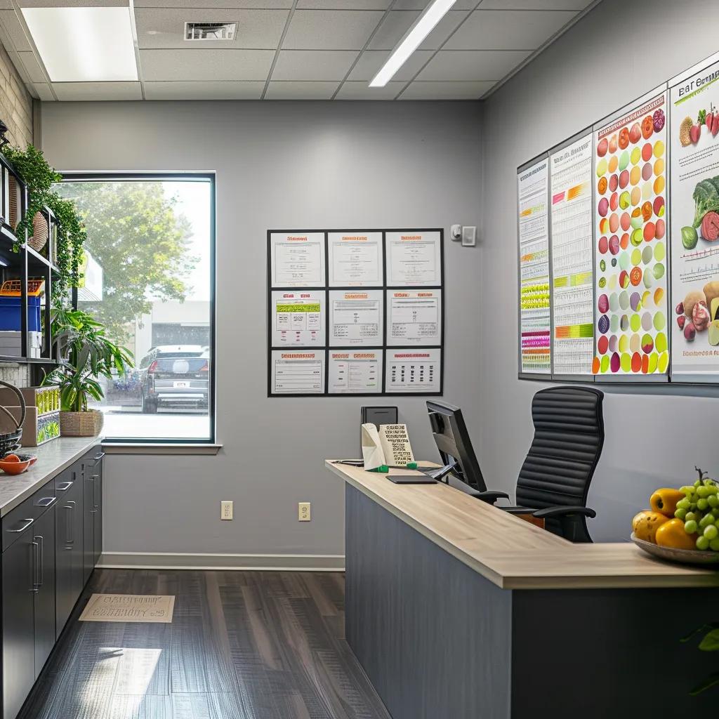 a vibrant, modern coaching office with a sleek desk, nutrition charts on the walls, and a welcoming atmosphere, suggesting a transformative space for expert nutrition coaching.
