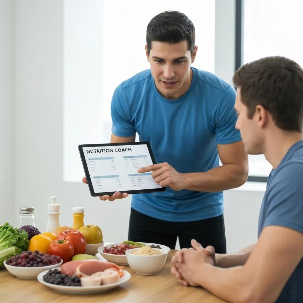 Nutrition coach discussing meal plans with a client, highlighting healthy food choices