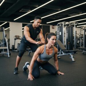 Personal trainer assisting a client in a modern gym, emphasizing fitness and motivation