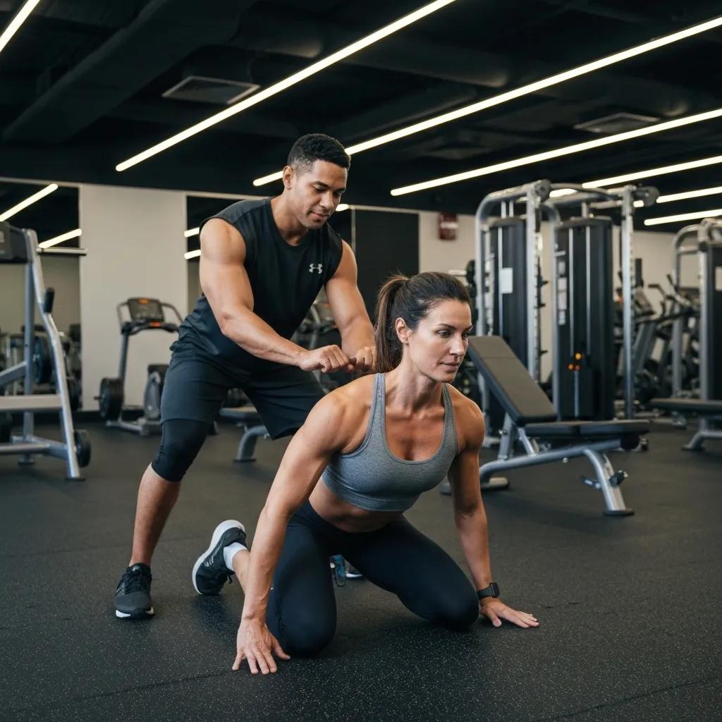 Personal trainer assisting a client in a modern gym, emphasizing fitness and motivation