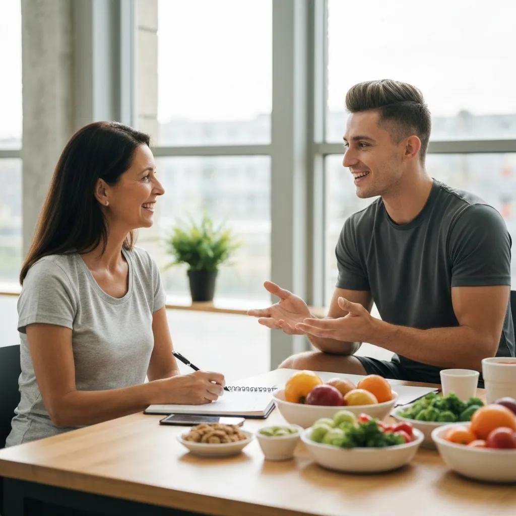 Personal trainer discussing nutrition and lifestyle coaching with a client, showcasing healthy food options
