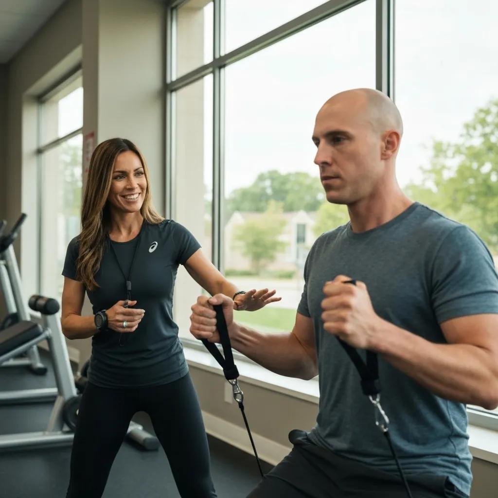 Personal trainer and client reviewing a personalized workout plan on a tablet in a gym setting