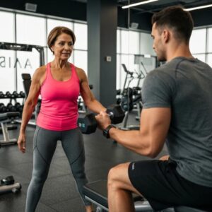 Personal trainer guiding a client through an exercise in a modern Buckhead gym, emphasizing personalized fitness coaching