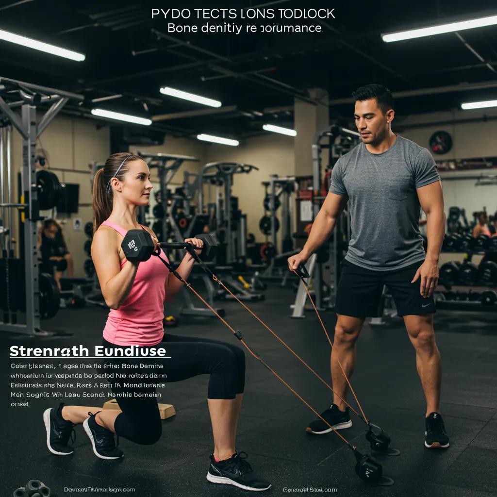 Client performing strength training exercises with a trainer, emphasizing bone density and endurance benefits