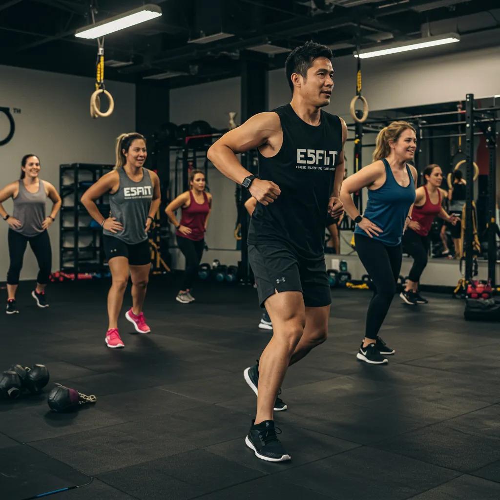Group fitness class at E5Fit showcasing community support and engagement among participants