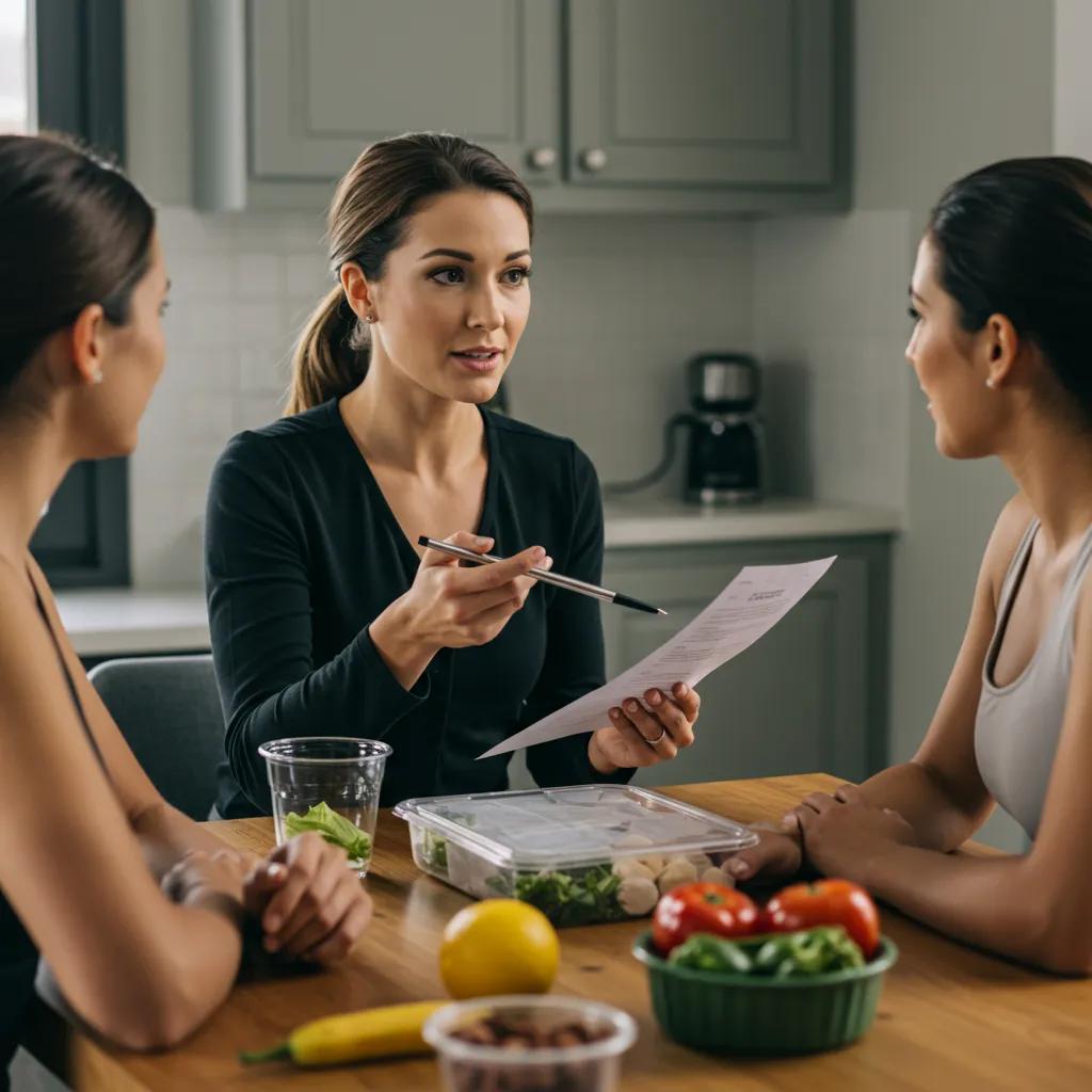 Nutrition coach discussing meal plans with a client in a cozy kitchen, highlighting the role of nutrition in fitness
