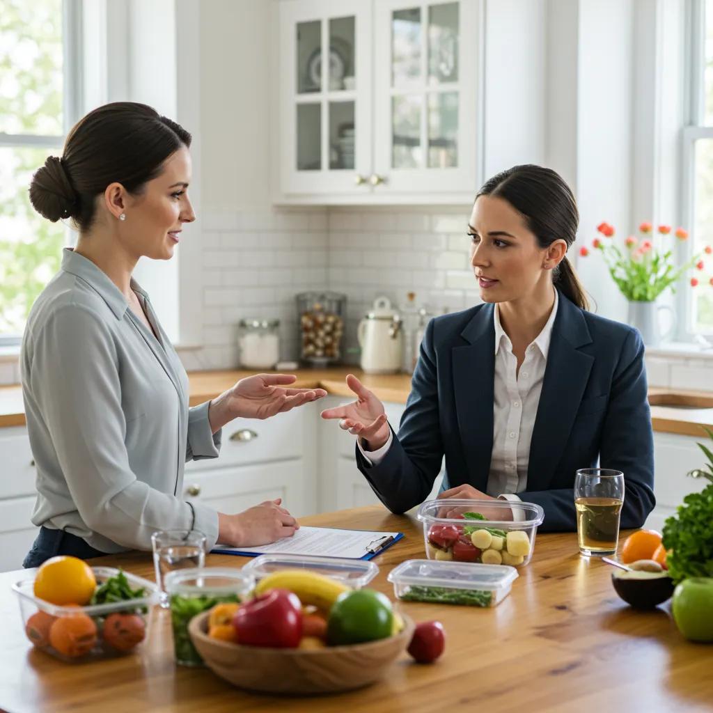 Nutrition coach explaining a meal plan to an executive in a modern kitchen setting