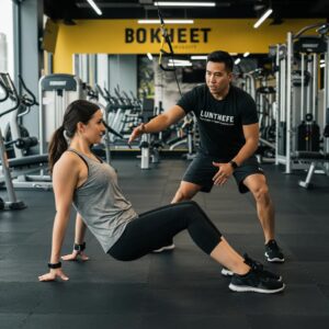 Personal trainer assisting a beginner client in a Buckhead gym, emphasizing personalized fitness guidance
