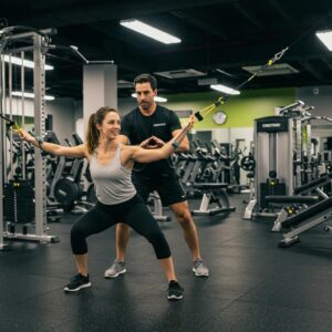 Personal trainer assisting a client in a modern Buckhead gym, emphasizing fitness coaching and engagement