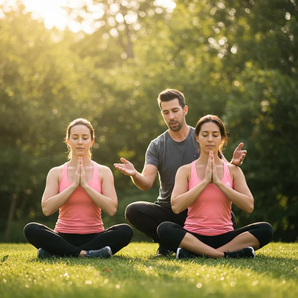 Personal trainer guiding a client in a stress-reduction breathing exercise outdoors