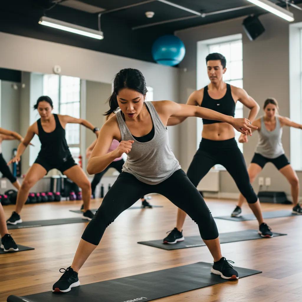 Diverse group engaged in personalized workout classes in a modern fitness studio
