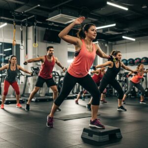 Diverse group participating in workout classes in a modern fitness studio