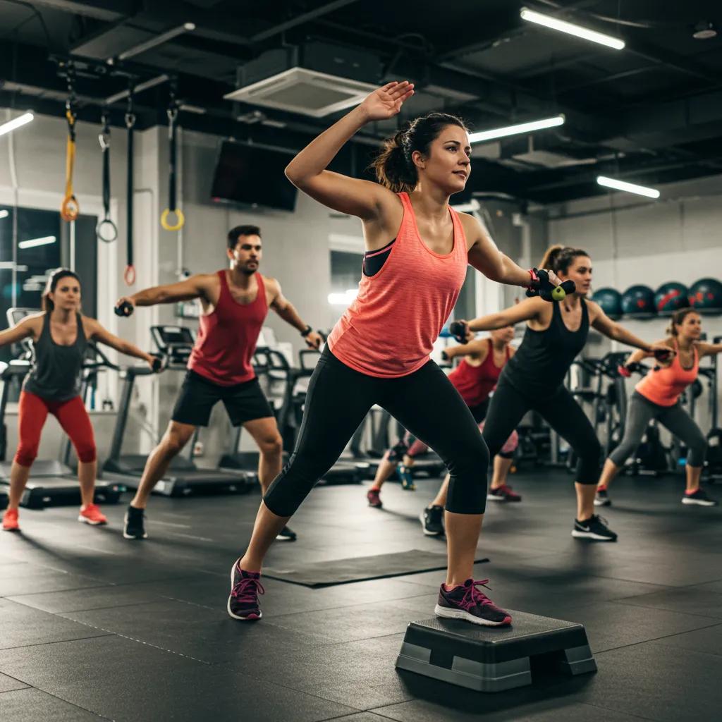 Diverse group participating in workout classes in a modern fitness studio