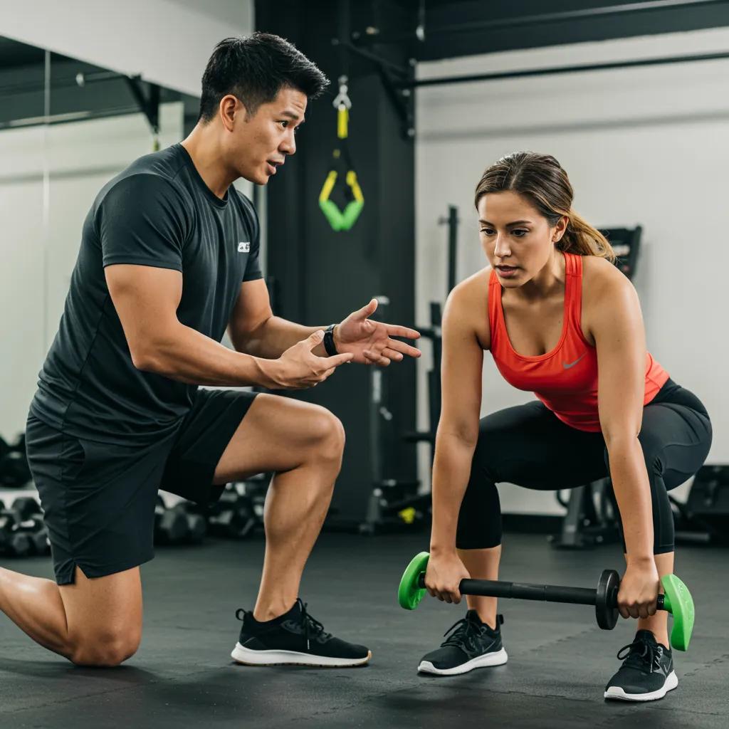 Personal trainer assisting a client with exercise form in a fitness studio