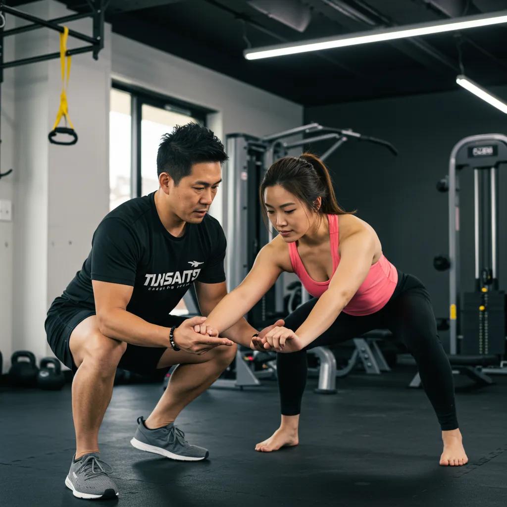 Personal trainer demonstrating exercises to a client during a customized fitness session