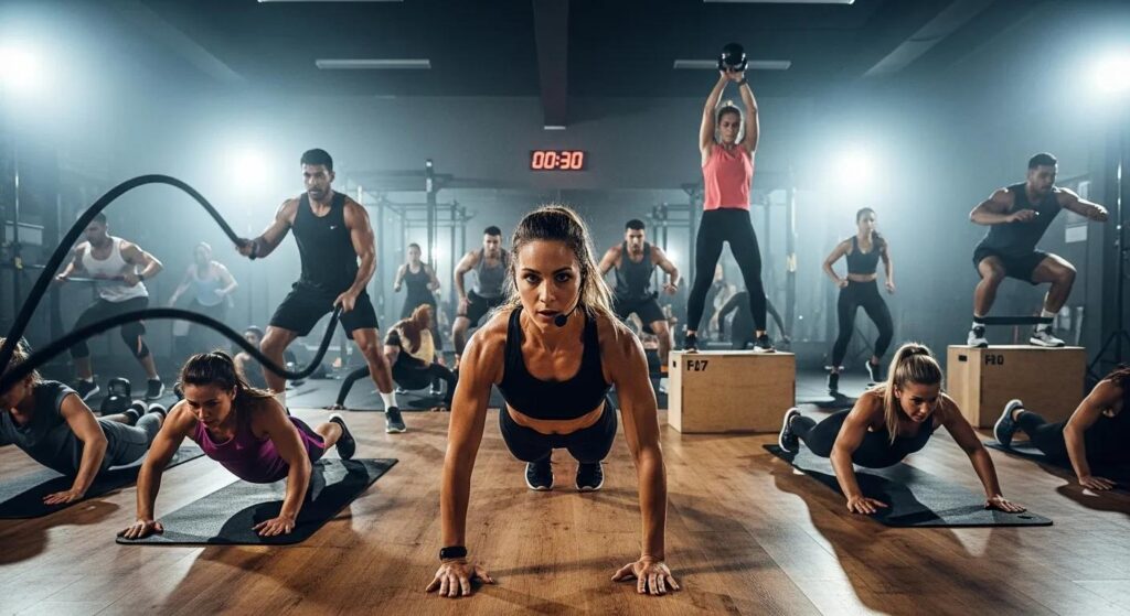 Participants engaged in a high-energy HIIT class, showcasing intense exercises and instructor interaction