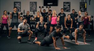 Group of diverse individuals participating in E5FIT workout classes, showcasing strength training and confidence-building