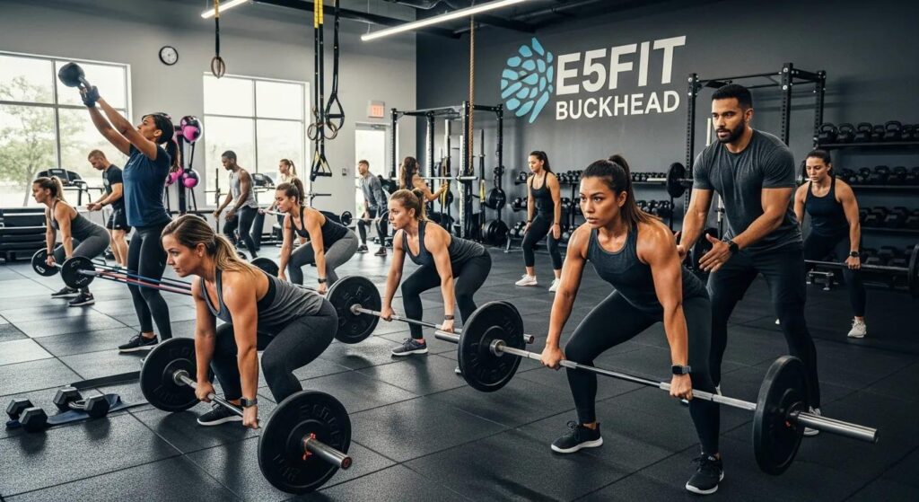 Adults engaged in a functional fitness class at E5FIT Buckhead, showcasing various exercises