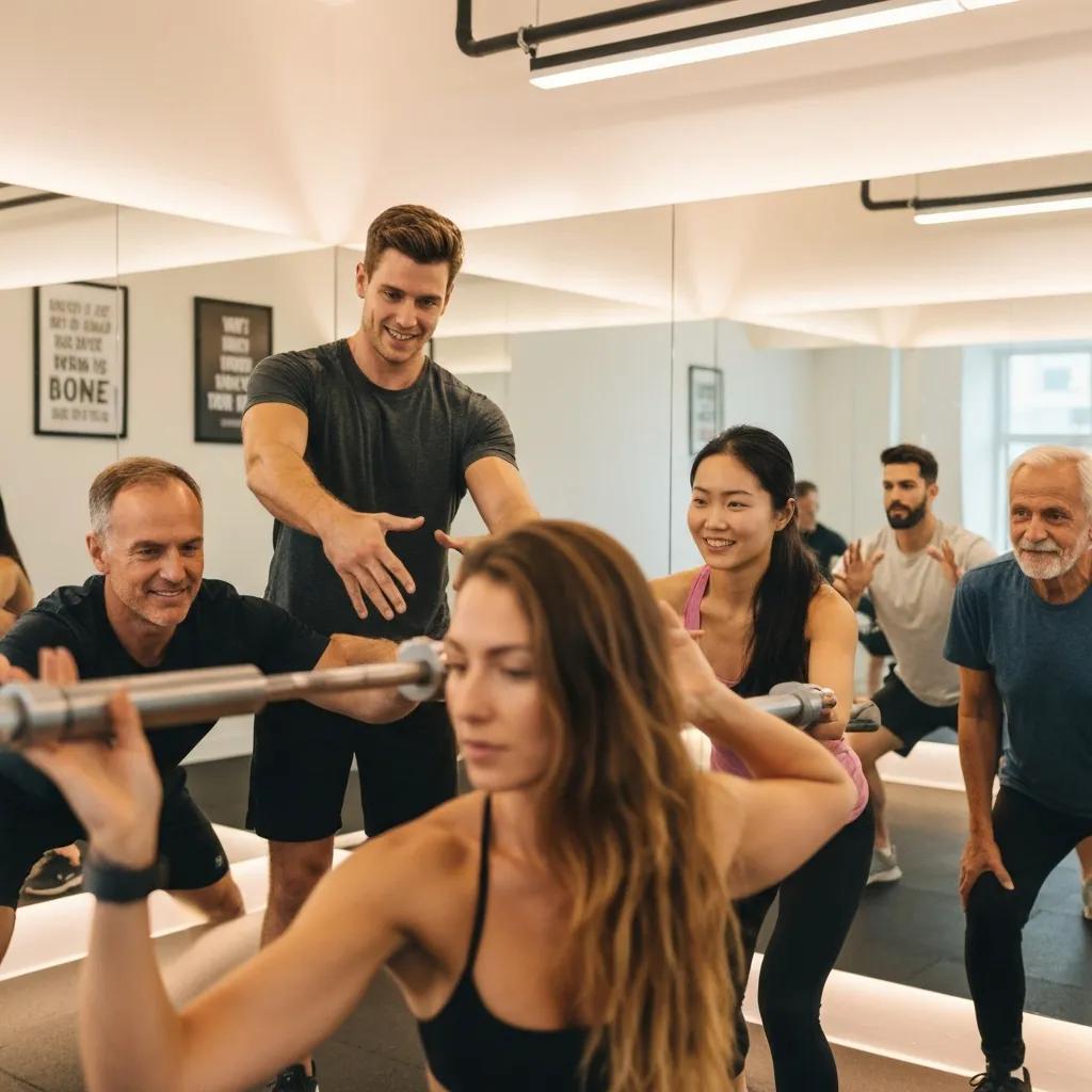 Coach guiding beginners in a small group personal training session, emphasizing support and fundamental exercises