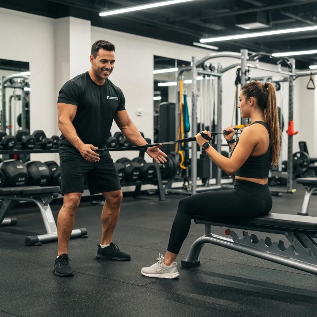 Personal trainer guiding a client through a customized workout session in a gym, highlighting individualized coaching