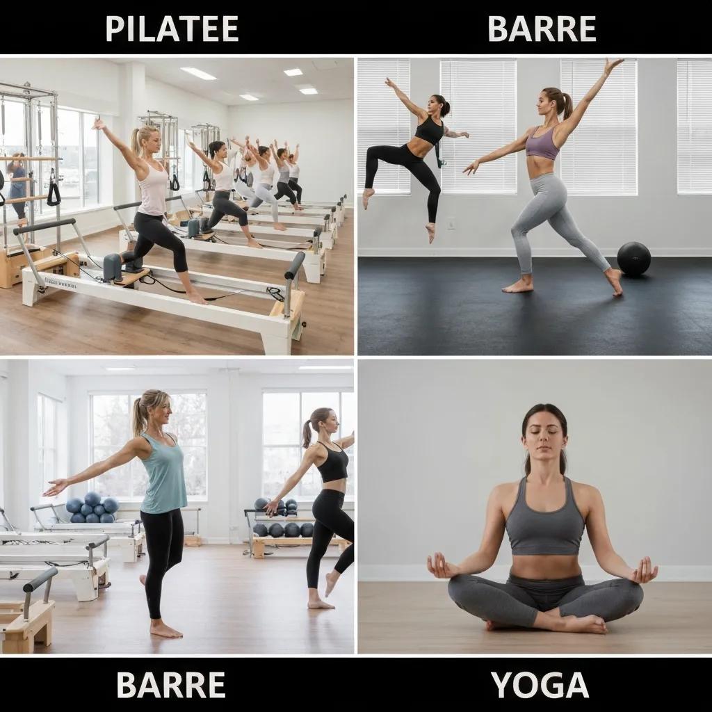 Visual comparison of Pilates, Barre, HIIT, and Yoga classes in Buckhead studios