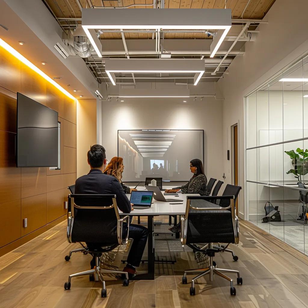 a sleek, modern office space in west windsor features a focused remote coaching session, illuminated by bright, dynamic lighting, showcasing a professional coach engaging with a diverse group of clients through advanced video conferencing technology.