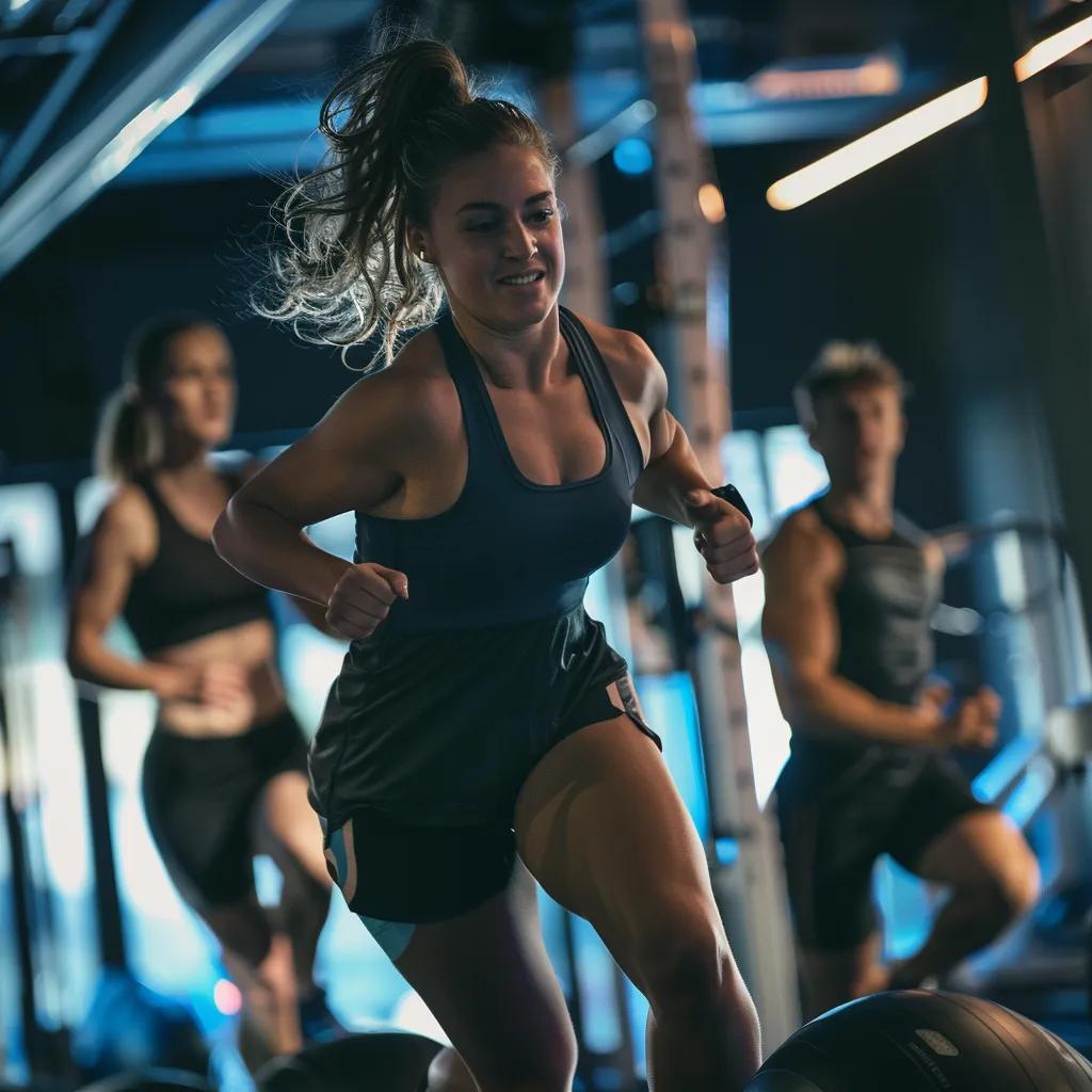 a dynamic personal training session in a modern gym setting, showcasing a focused individual pushing their limits while surrounded by high-tech fitness equipment and motivating trainers.