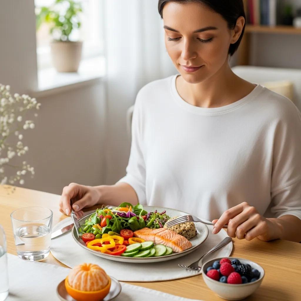 Individual practicing mindful eating at a dining table, highlighting mindfulness in managing emotional eating